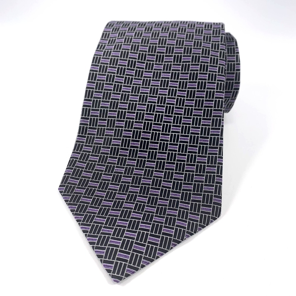 LRL Lauren Ralph Lauren Mens Tie Black w/ Purple & Silver Geometric Design Silk